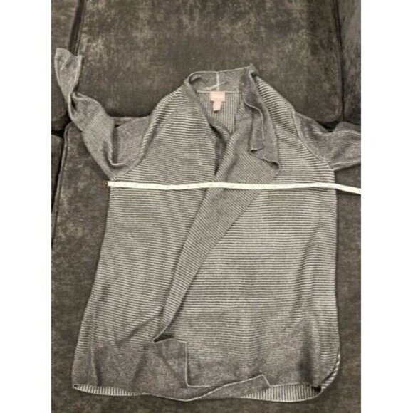 Chicos Cardigan Sweater Open Gray Stripe Asymetrical Womens Size 1 Medium - Picture 5 of 6